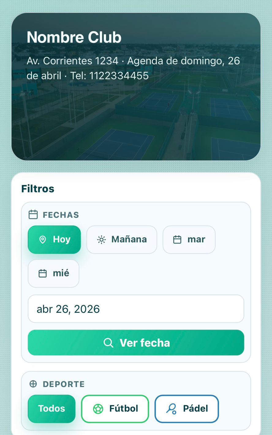 Vista cliente - filtros y canchas