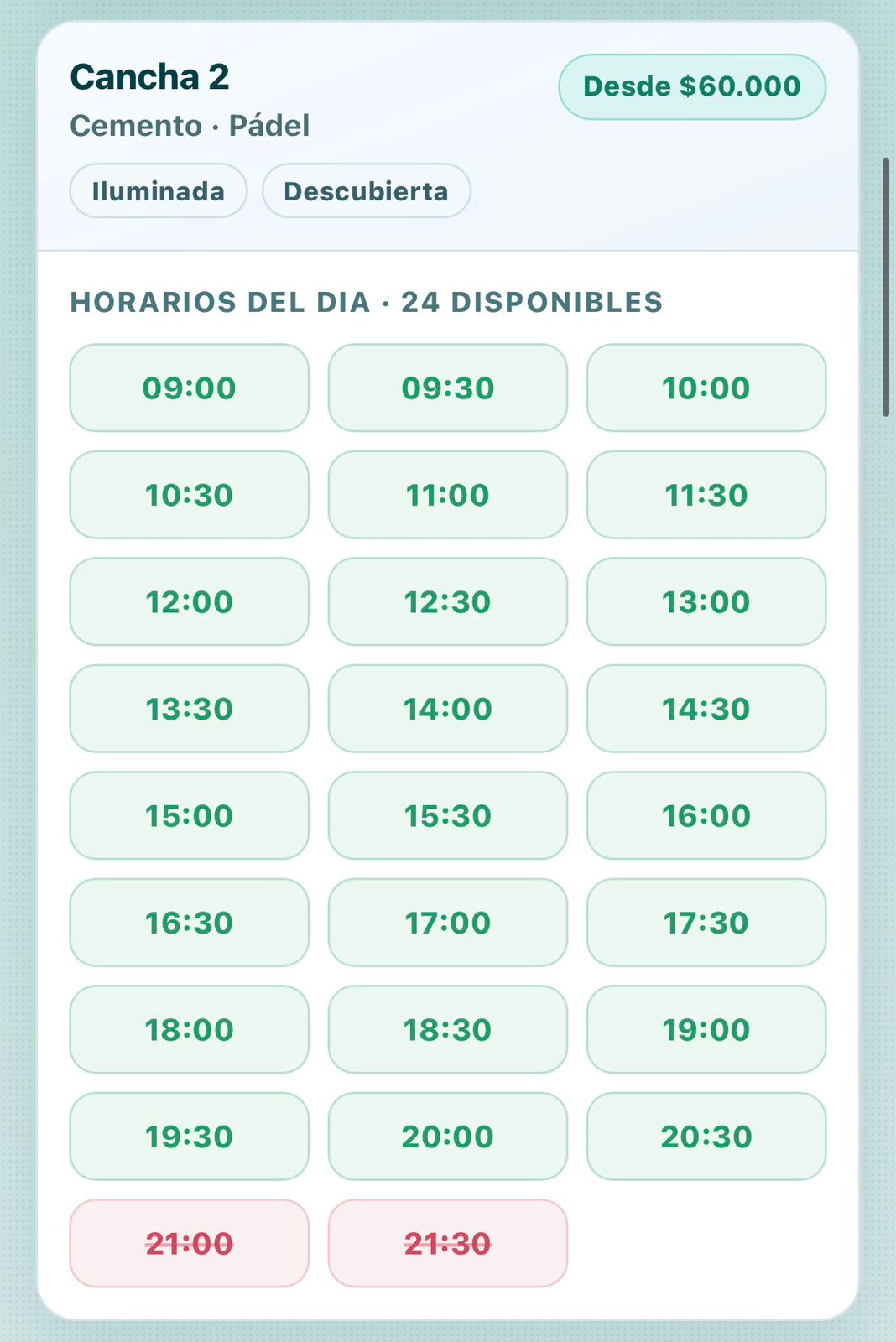 Vista cliente - horarios disponibles