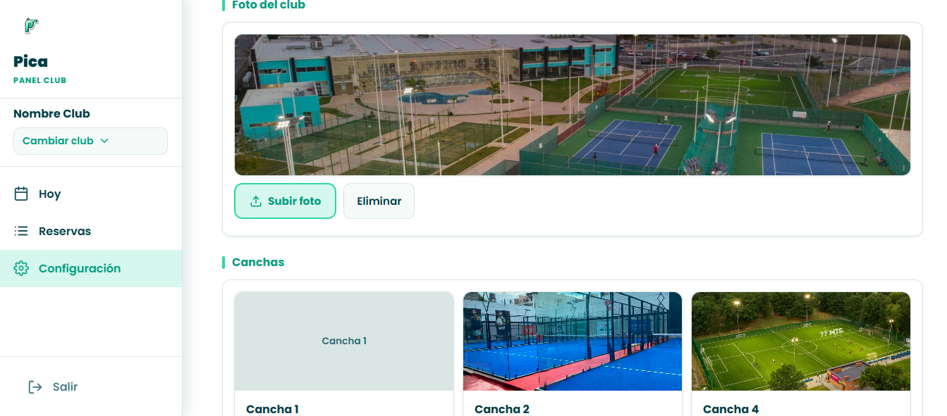 Foto del club y listado de canchas