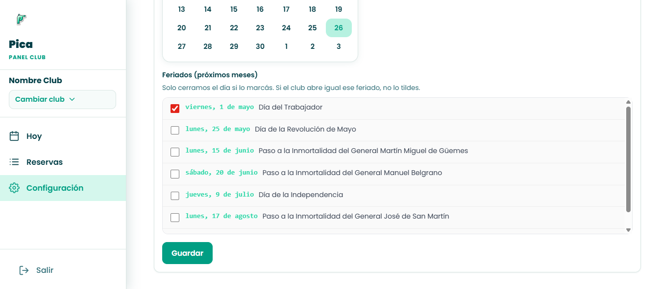 Configuración de feriados
