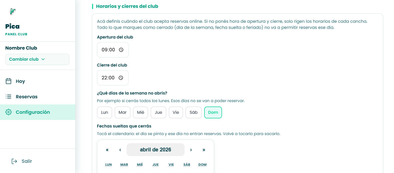 Configuración de horarios