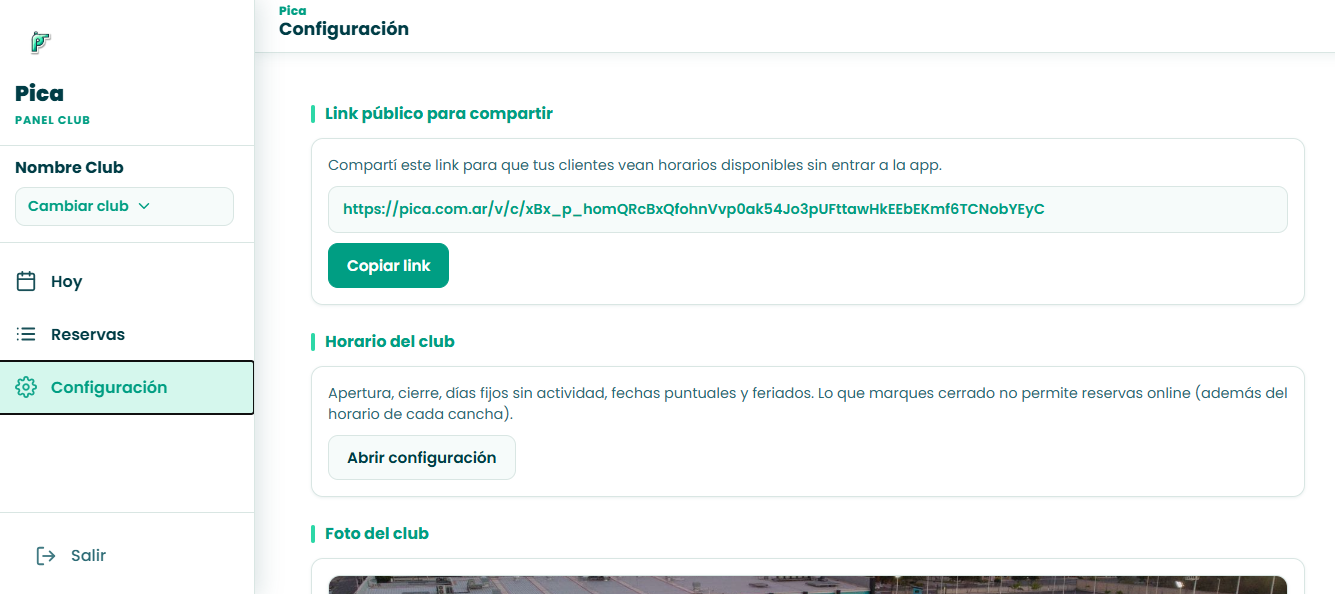 Configuración - Link público y horario