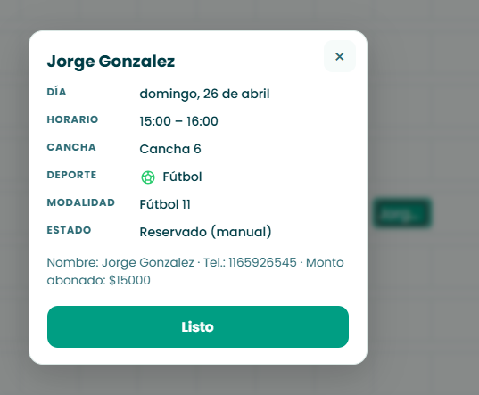 Modal de reserva desde vista general