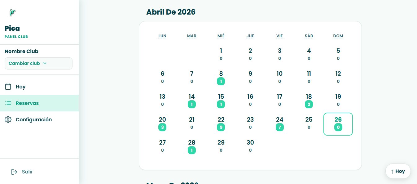 Calendario mensual de reservas