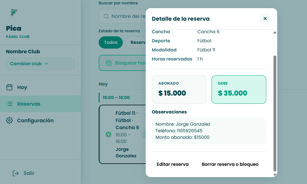 Detalle de reserva con acciones