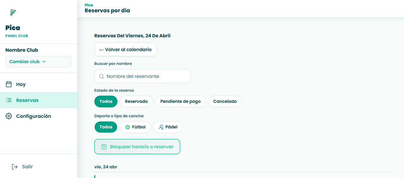 Vista de reservas por día